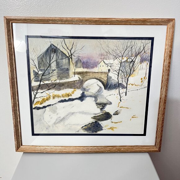 Framed Winter Scene Watercolor Painting By Ruth Ober-Adams 1988 With Rustic Wood - Picture 1 of 3